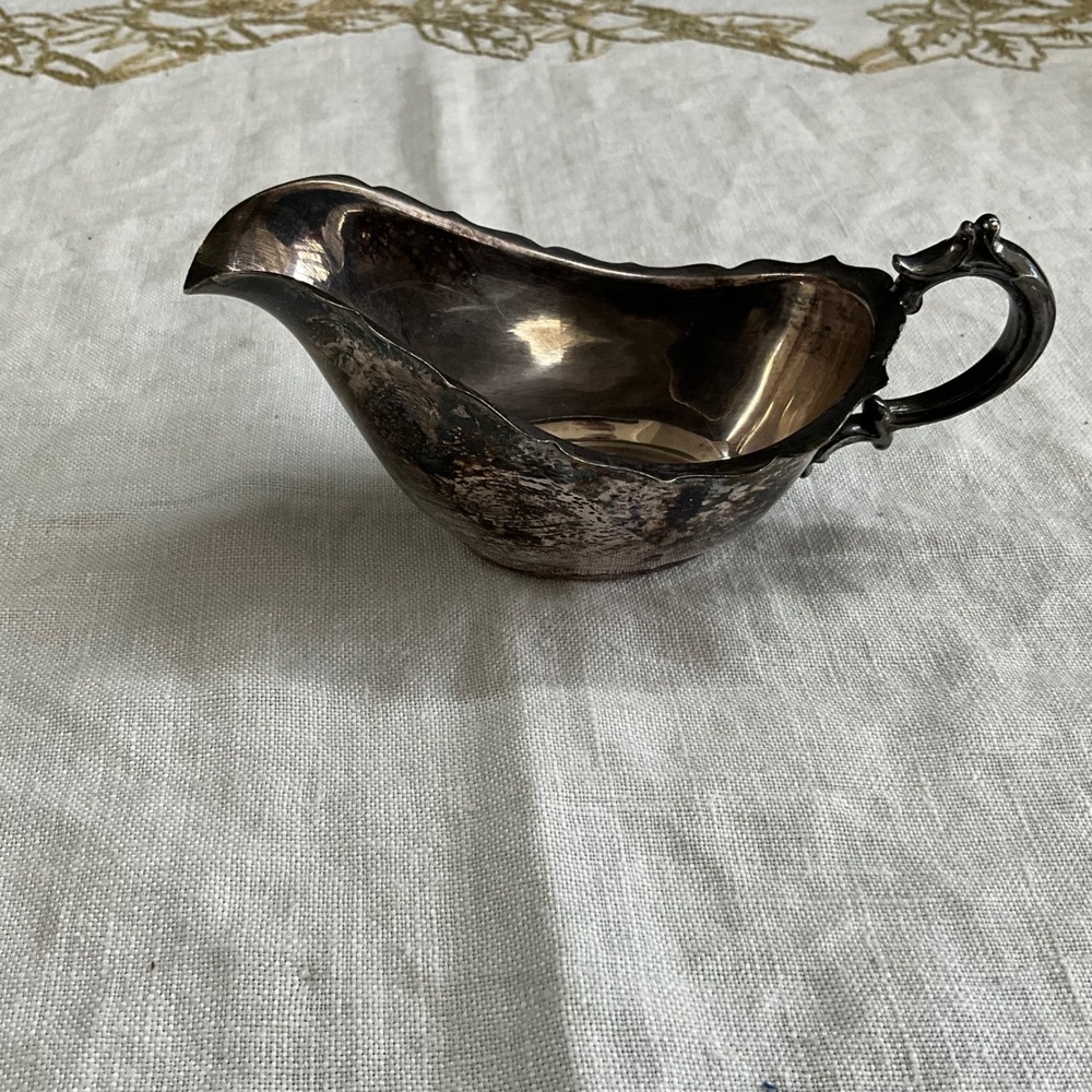 Vintage Silver Plated Gravy Boat Scalloped Rim Ornate Handle Tarnished Patina